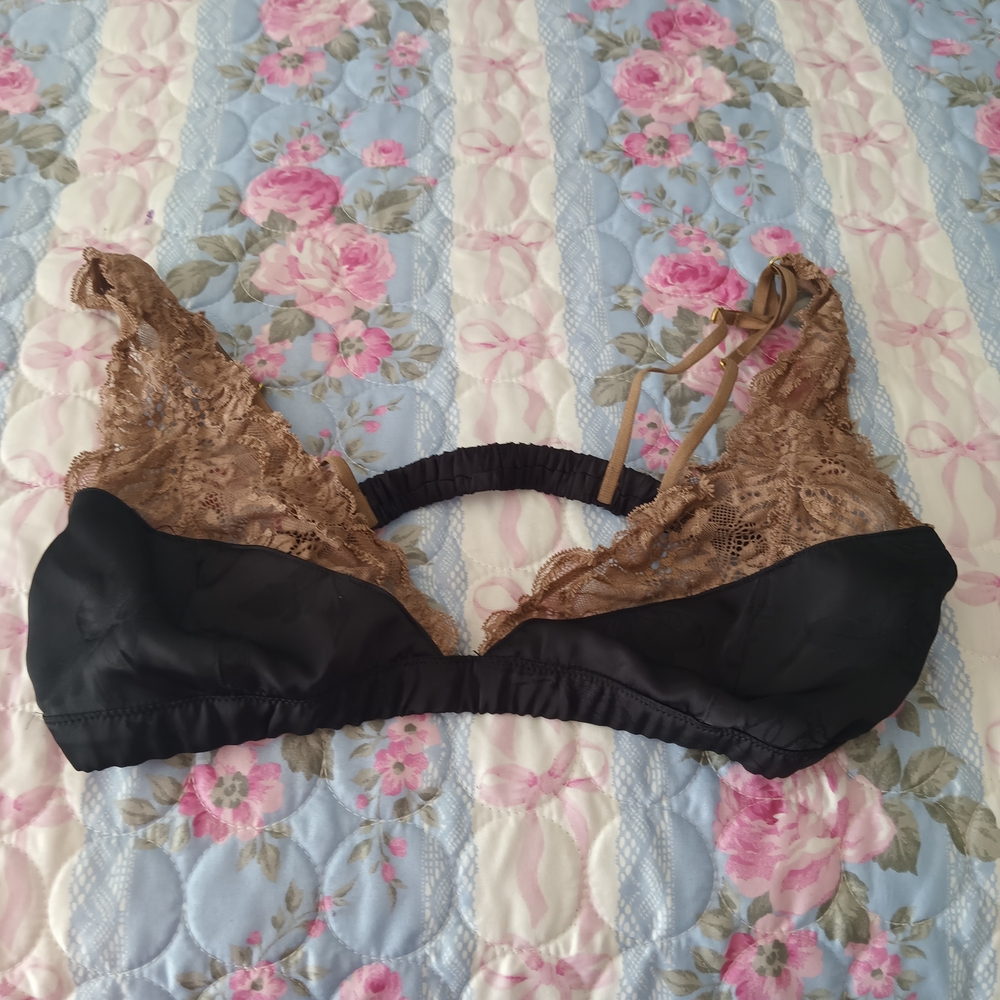 Free People Black Satin and Brown Lace Bralette